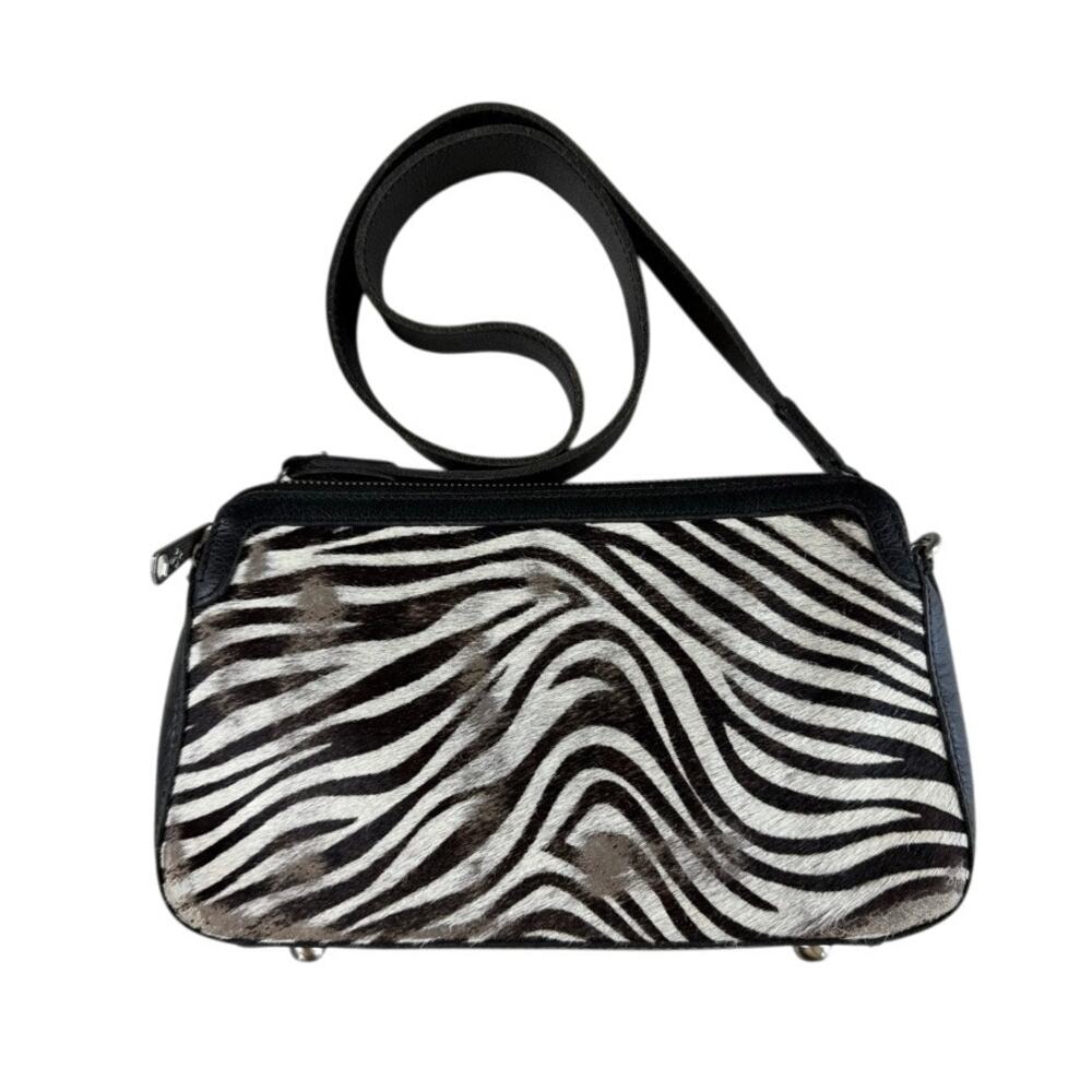 Patricia Nash Zebra Calf Hair and Black Leather Double Zip Crossbody MSRP $179